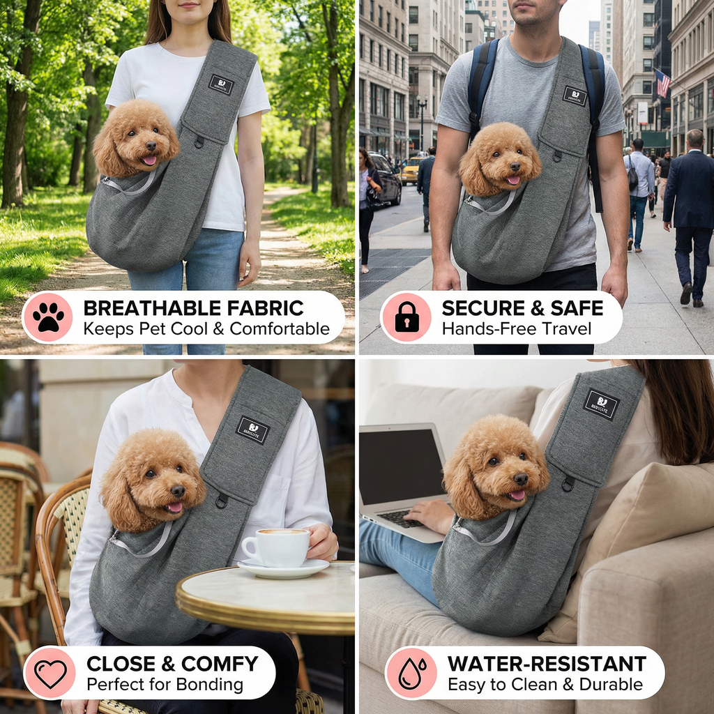 Dog carrier with text highlighting features like breathable fabric, secure travel, close comfort, and water resistance.