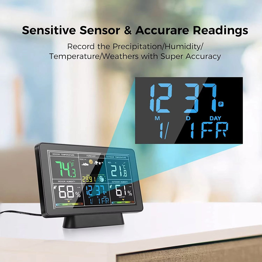 Digital weather station with clock and temperature/humidity display on a blurred background