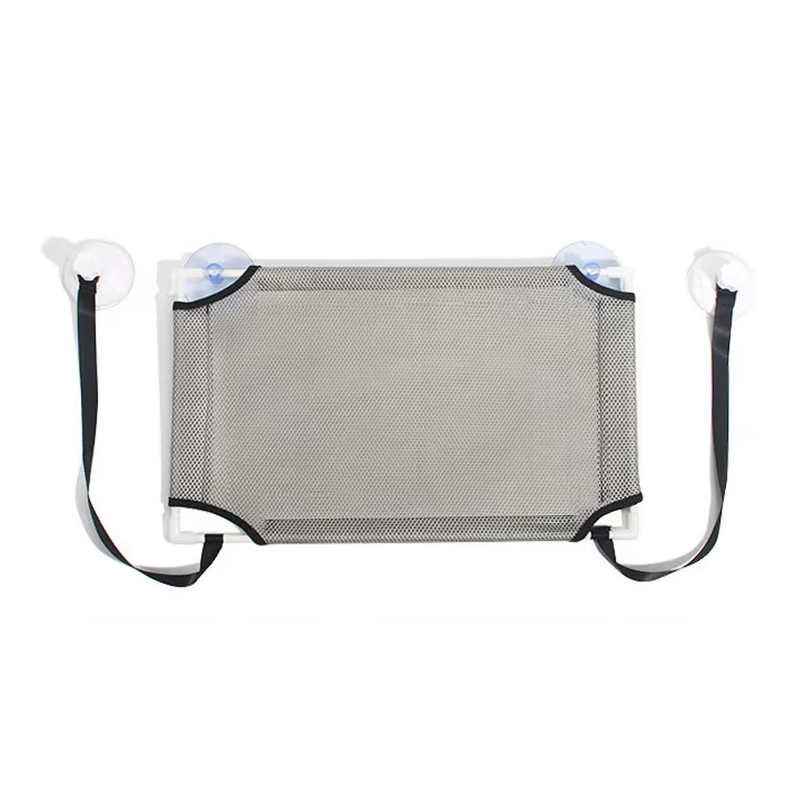 Mesh baby bath seat with handles and suction cups on a white background