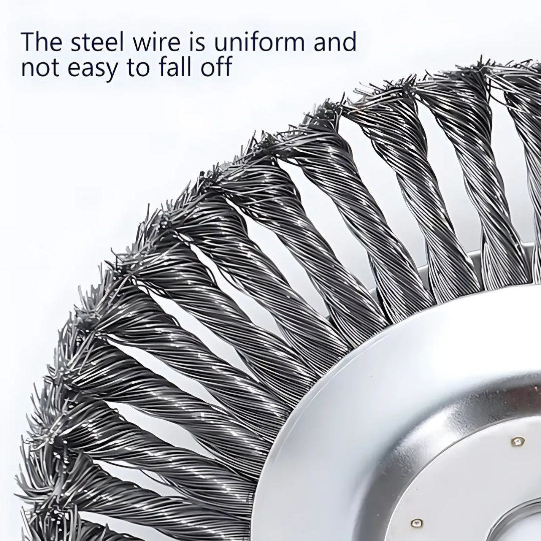 Close-up of a wire brush with heavy-duty steel wires on a white background, labeled 'Heavy-Duty Steel Wires for Maximum Durability'.