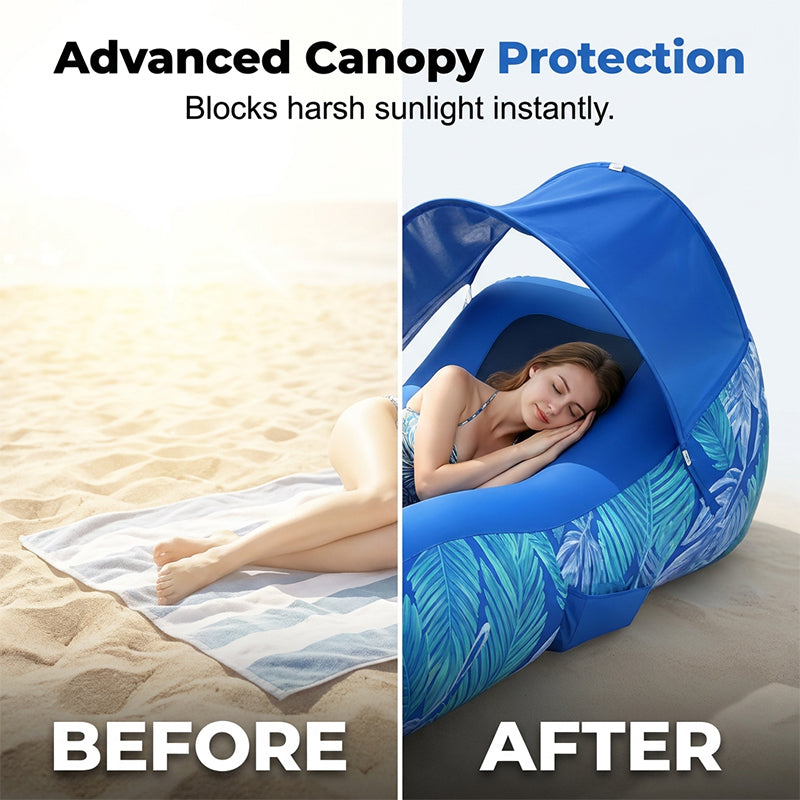 Before and after comparison of a person under an advanced canopy protection product on a beach.