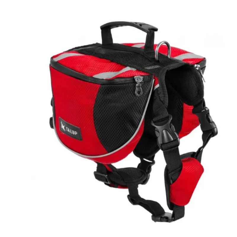 Red and black dog harness with a bag on a white background