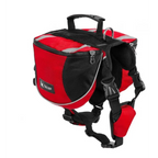 Red and black dog harness with a bag on a white background