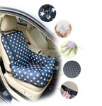 Car seat cover with star pattern on a car seat, surrounded by close-up insets showing features.