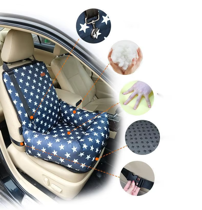 Car seat cover with star pattern on a car seat, surrounded by close-up insets showing features.