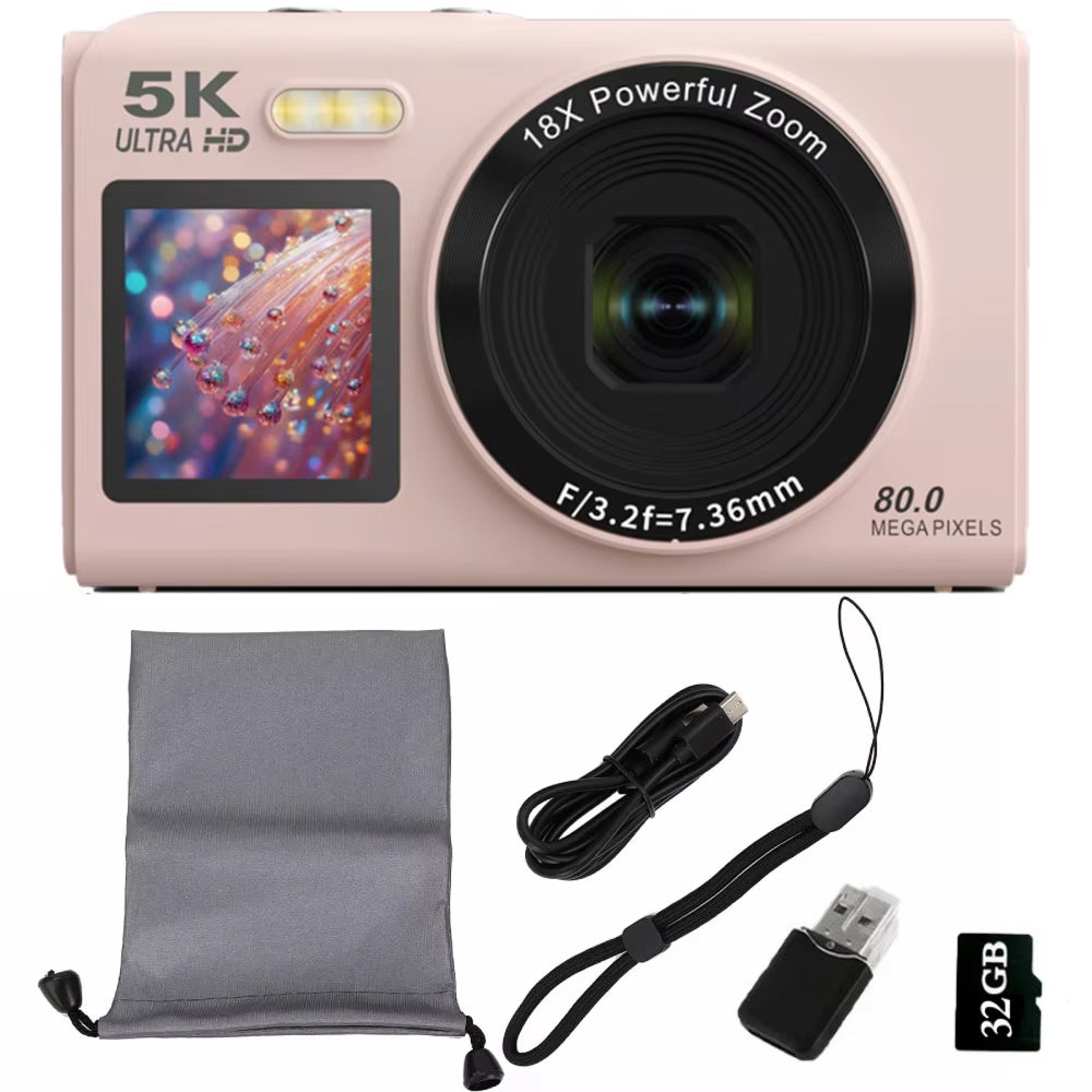 Pink digital camera with accessories on a white background