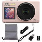Pink digital camera with accessories on a white background