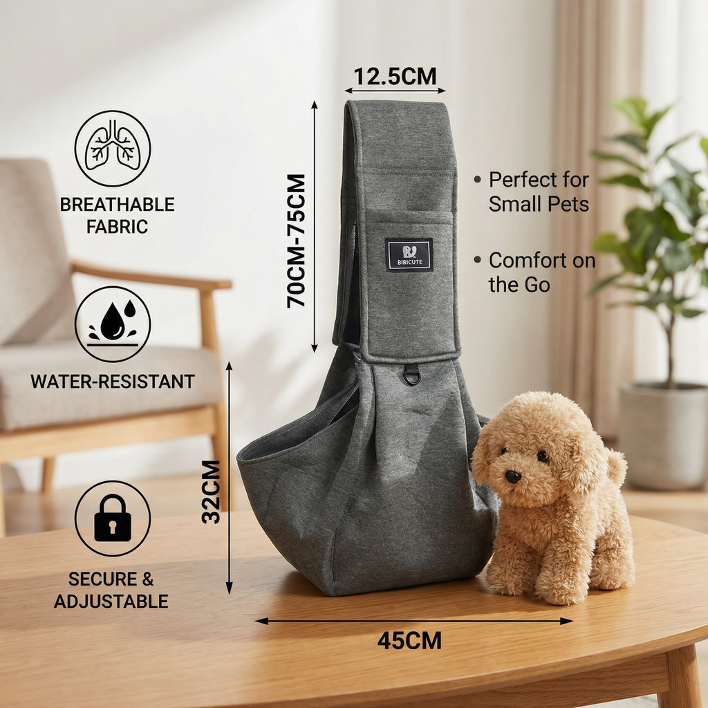 Gray pet sling with measurements and features on a wooden table, next to a small dog toy.