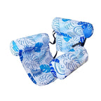 Inflatable life jacket with blue and white pattern on a white background