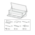 Technical drawing of a metal box with components and their specifications on a white background