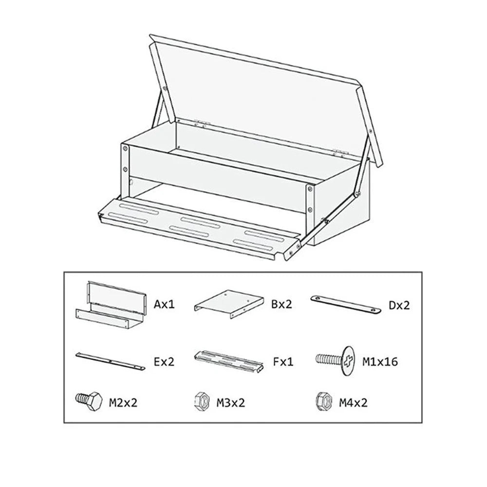 Technical drawing of a metal box with components and their specifications on a white background