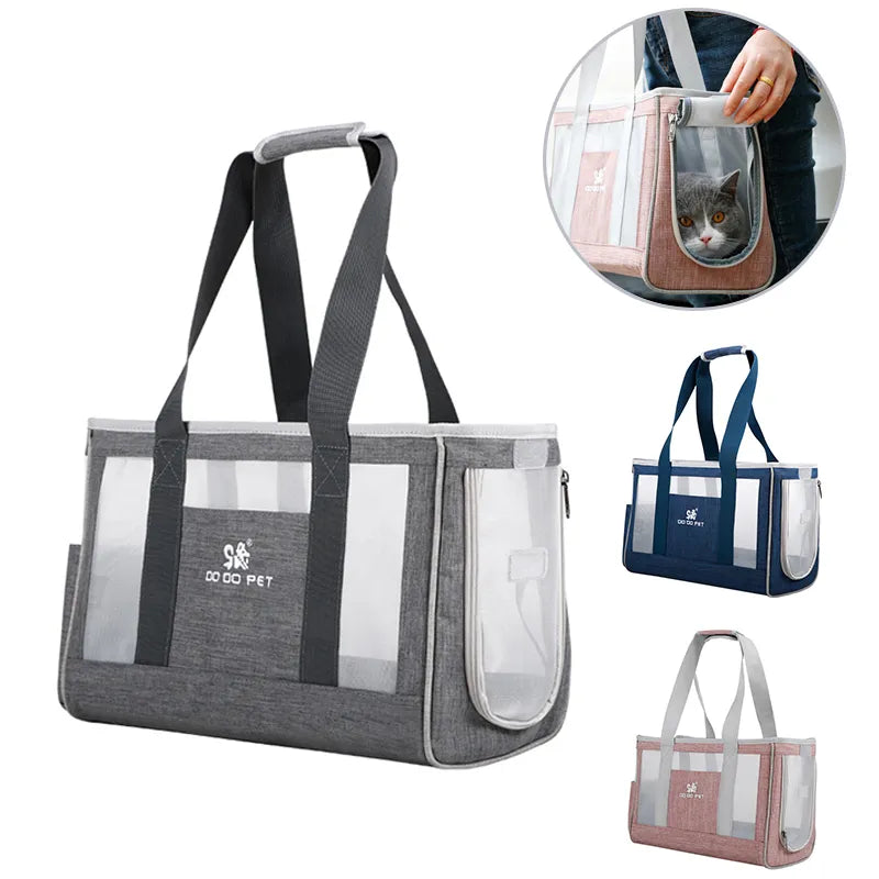 Pet carrier with transparent sides, multiple color options, and a hand holding one version.