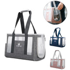 Pet carrier with transparent sides, multiple color options, and a hand holding one version.