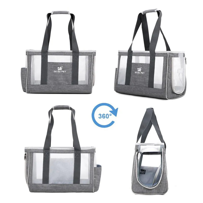 Gray pet carrier with mesh sides and 360-degree view indicator on a white background