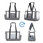 Gray pet carrier with mesh sides and 360-degree view indicator on a white background