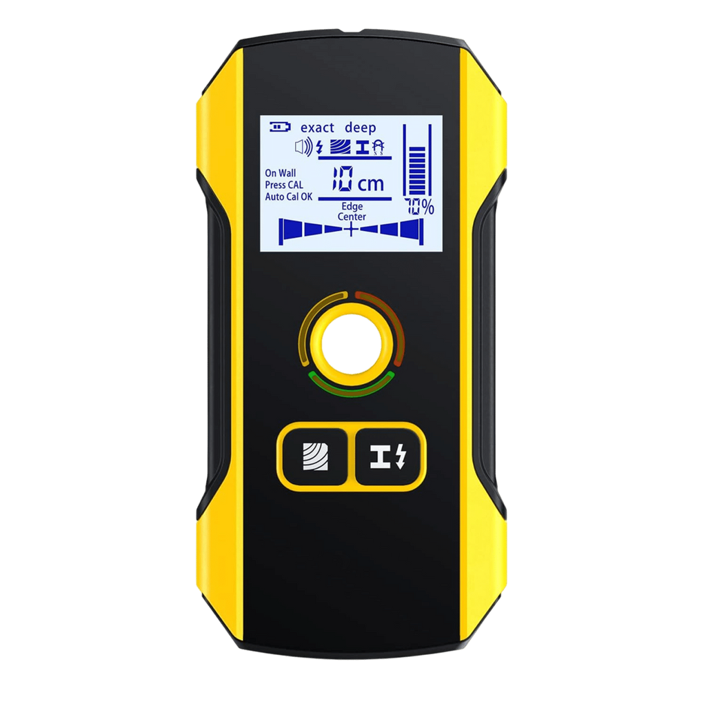 Yellow and black laser measure device on a white background