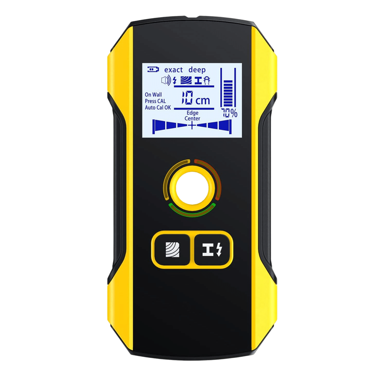 Yellow and black laser measure device on a white background