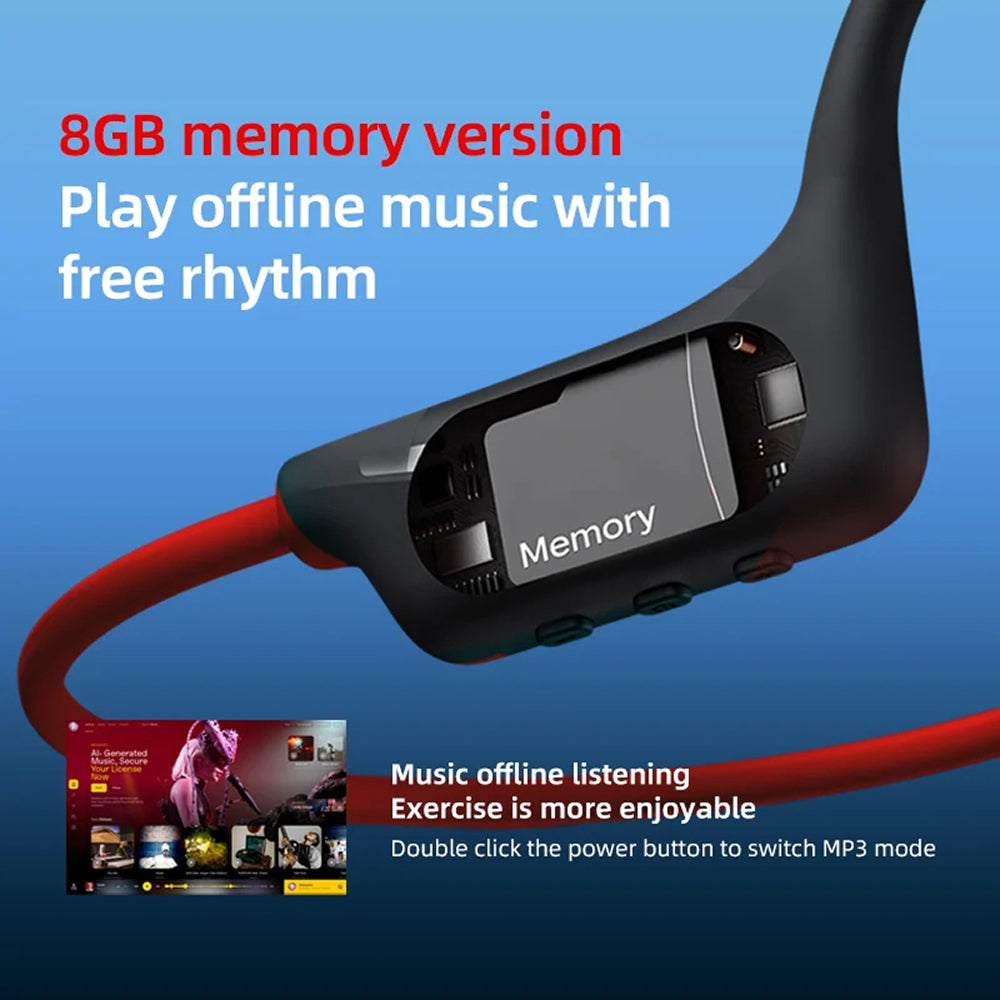 Black electronic device with red cable on a blue background, featuring text about 8GB memory and offline music playback.