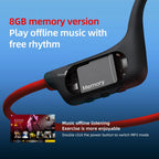 Black electronic device with red cable on a blue background, featuring text about 8GB memory and offline music playback.