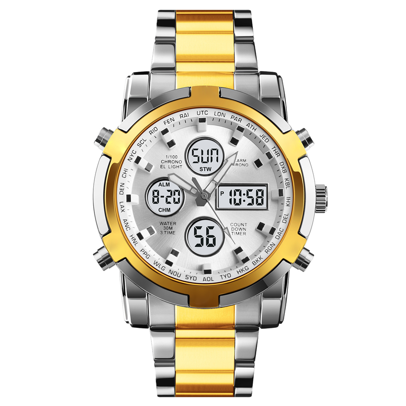 Gold and silver watch with digital display on a white background