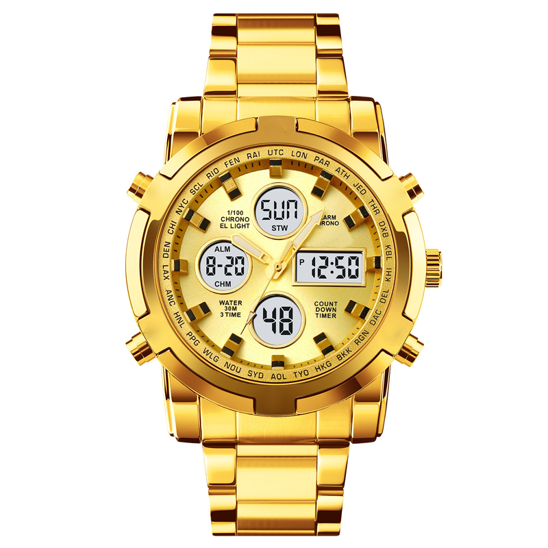 Gold digital watch with multiple display options on a white background