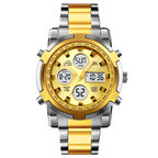 Gold and silver watch with digital display on a white background