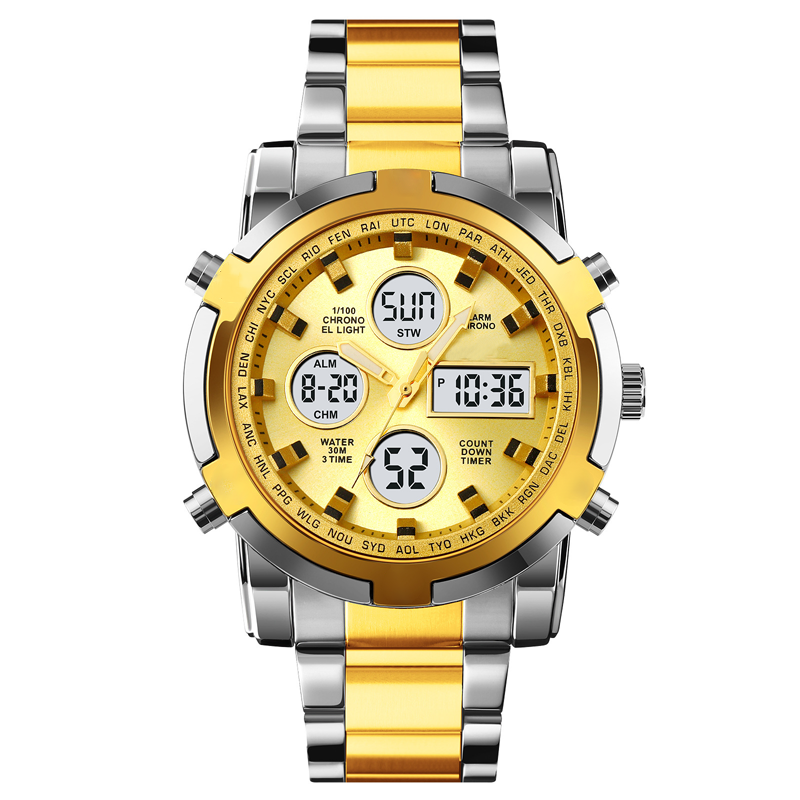 Gold and silver watch with digital display on a white background