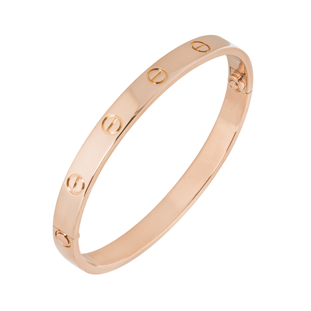 Rose gold bracelet with engraved logo on a white background