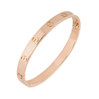 Rose gold bracelet with engraved logo on a white background