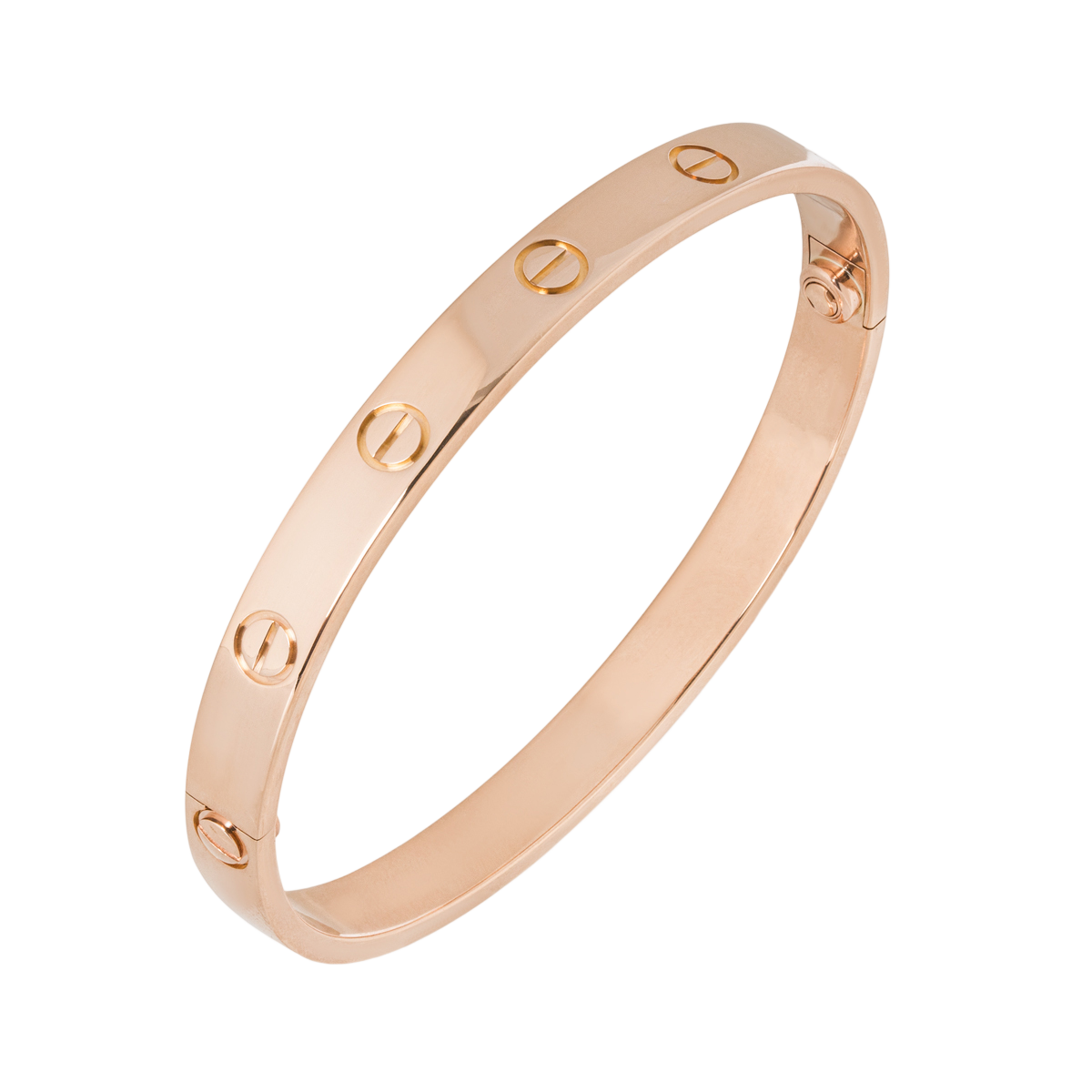 Rose gold bracelet with engraved logo on a white background