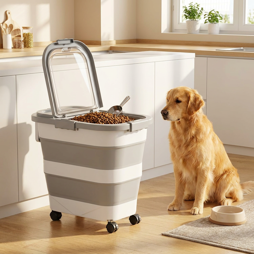 Collapsible Pet Food Container | Wheels, Lid & Scoop Included