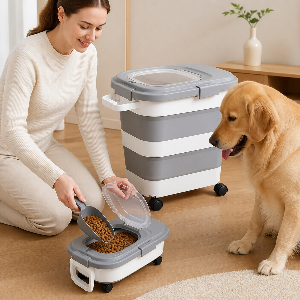 Collapsible Pet Food Container | Wheels, Lid & Scoop Included