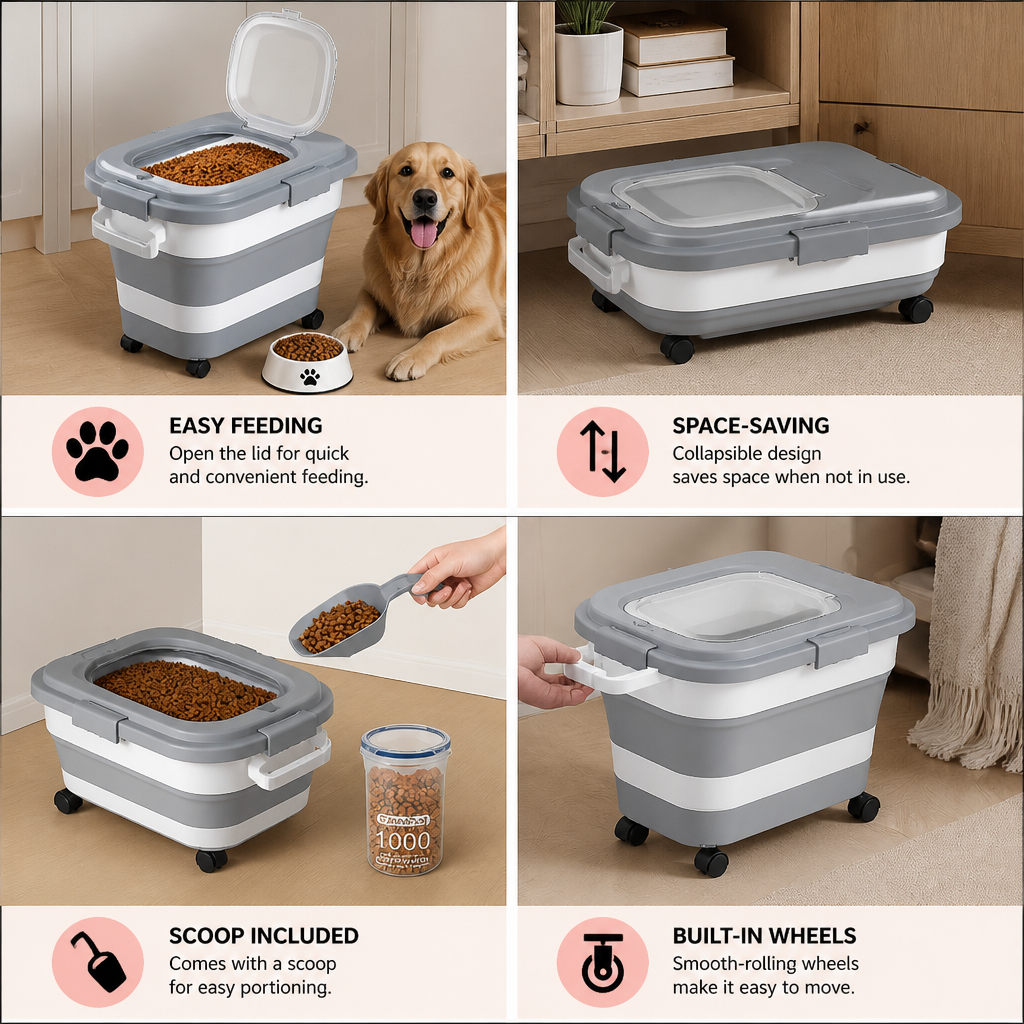 Collapsible Pet Food Container | Wheels, Lid & Scoop Included