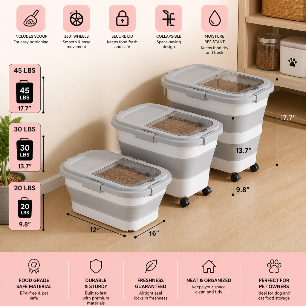 Collapsible Pet Food Container | Wheels, Lid & Scoop Included