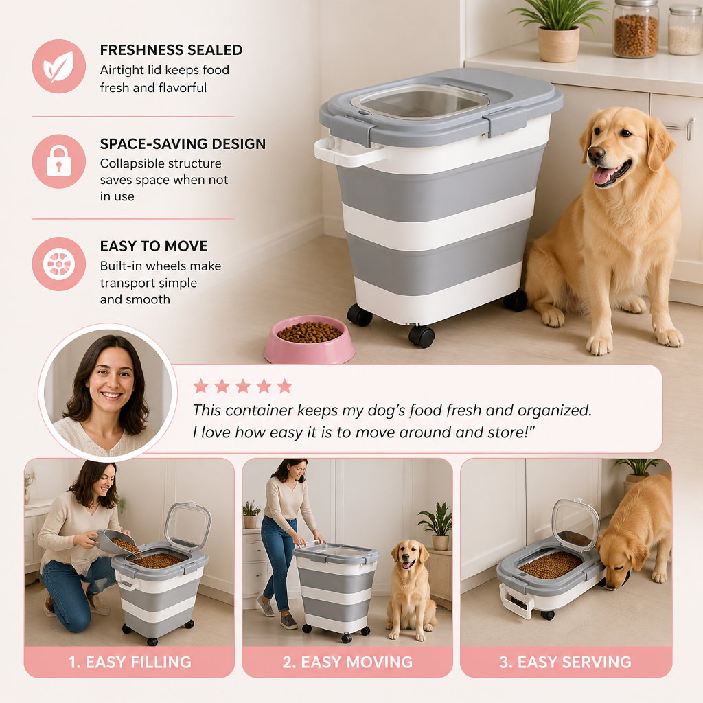 Collapsible Pet Food Container | Wheels, Lid & Scoop Included