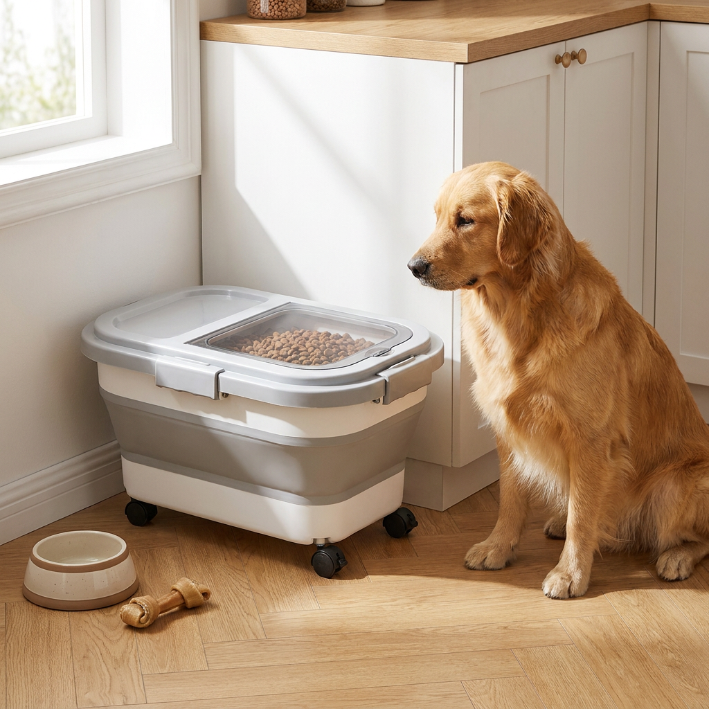 Collapsible Pet Food Container | Wheels, Lid & Scoop Included