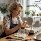 Woman working on a sewing project with a sewing machine and materials on a table.