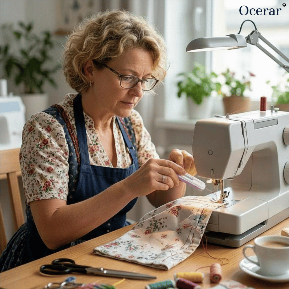 Woman working on a sewing project with a sewing machine and materials on a table.