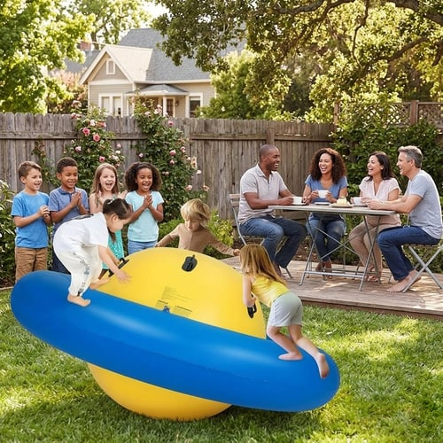 Children playing on a large blue and yellow wobble ball in a backyard with adults sitting at a table.