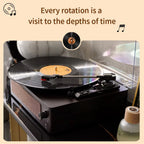 Record player with a vinyl record on a beige background with text.
