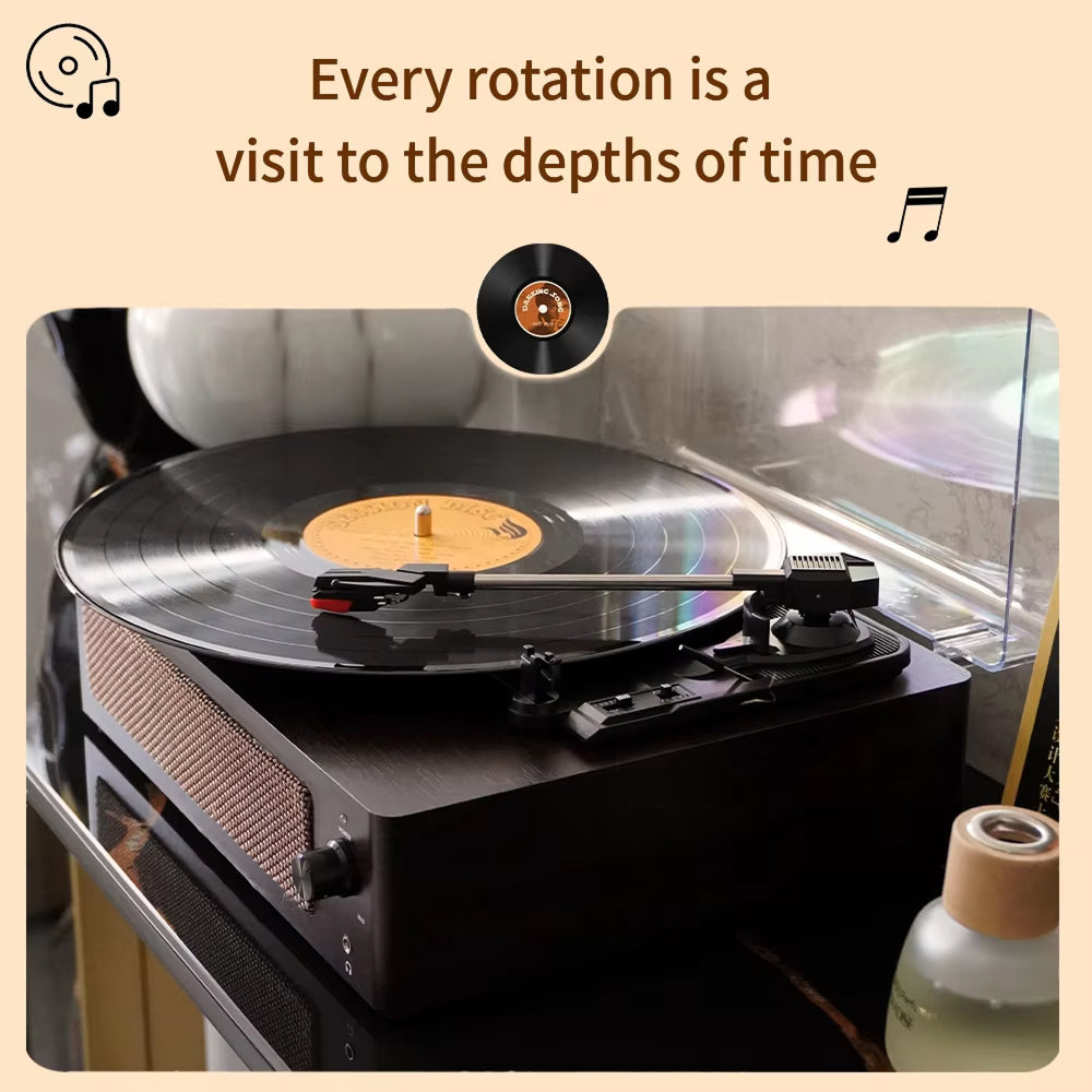 Record player with a vinyl record on a beige background with text.