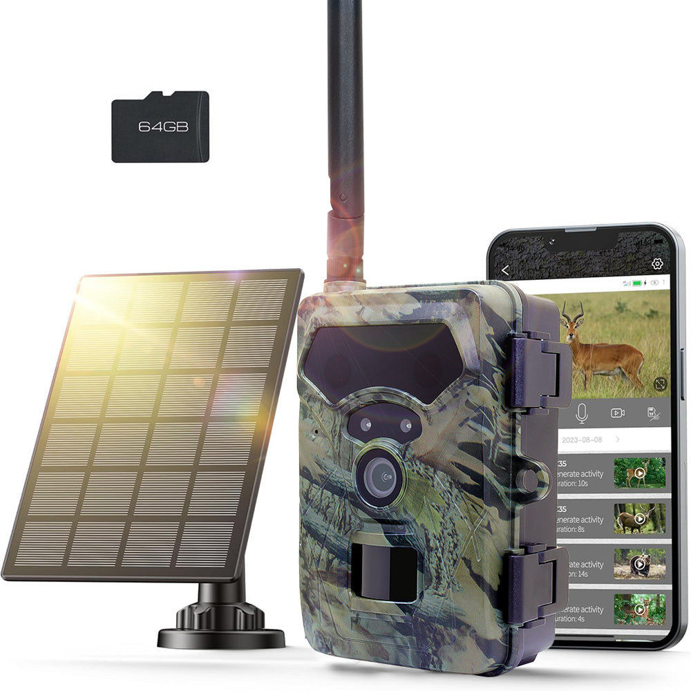 Camouflage trail camera with solar panel and smartphone displaying app interface on a white background