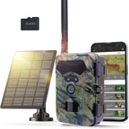 Camouflage trail camera with solar panel and smartphone displaying app interface on a white background