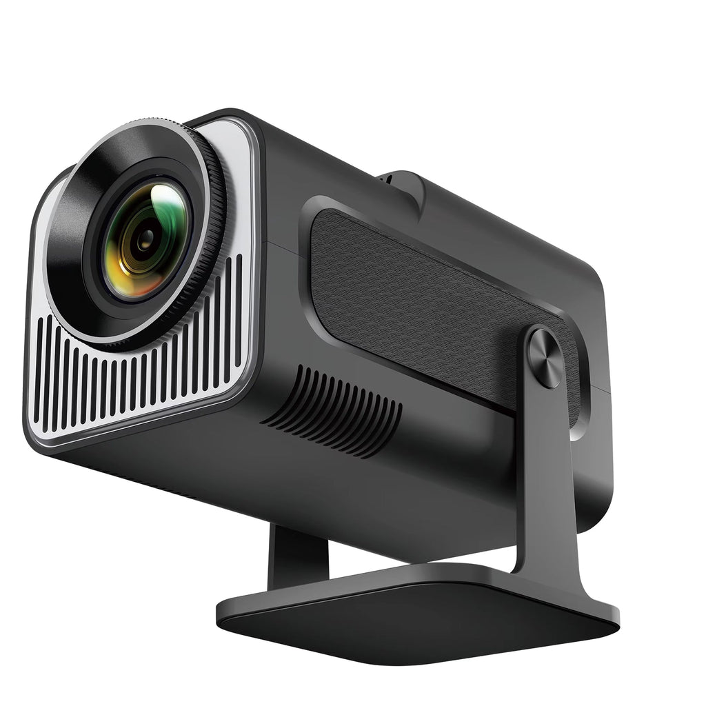 Black camera with lens on a white background
