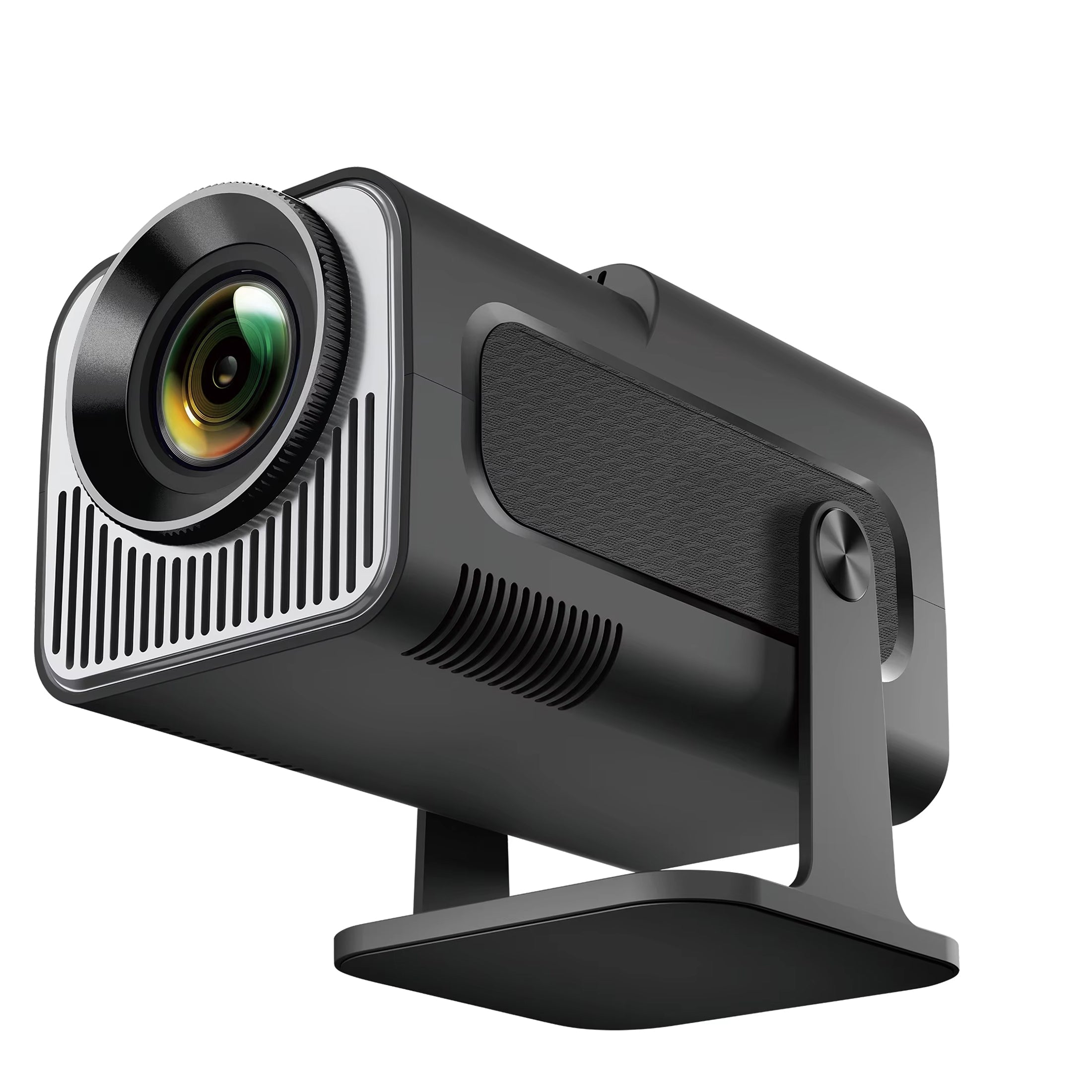 Black camera with lens on a white background
