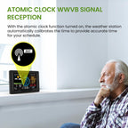 Person sitting by a window with a weather station displaying atomic clock WWVB signal reception.