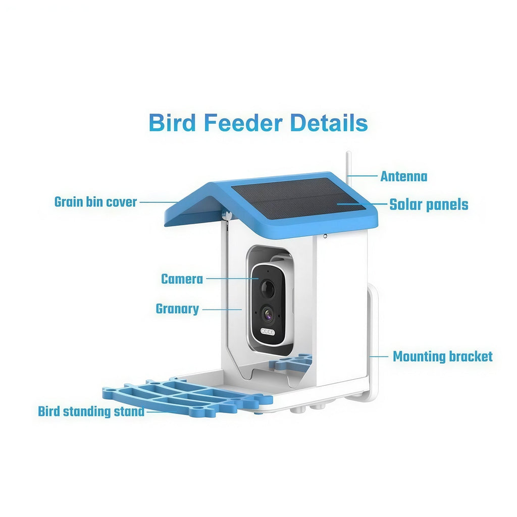 Diagram of a bird feeder with labeled parts on a white background