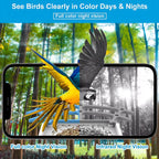 Phone screen showing a colorful parrot at a bird feeder with text about full color and infrared night vision.