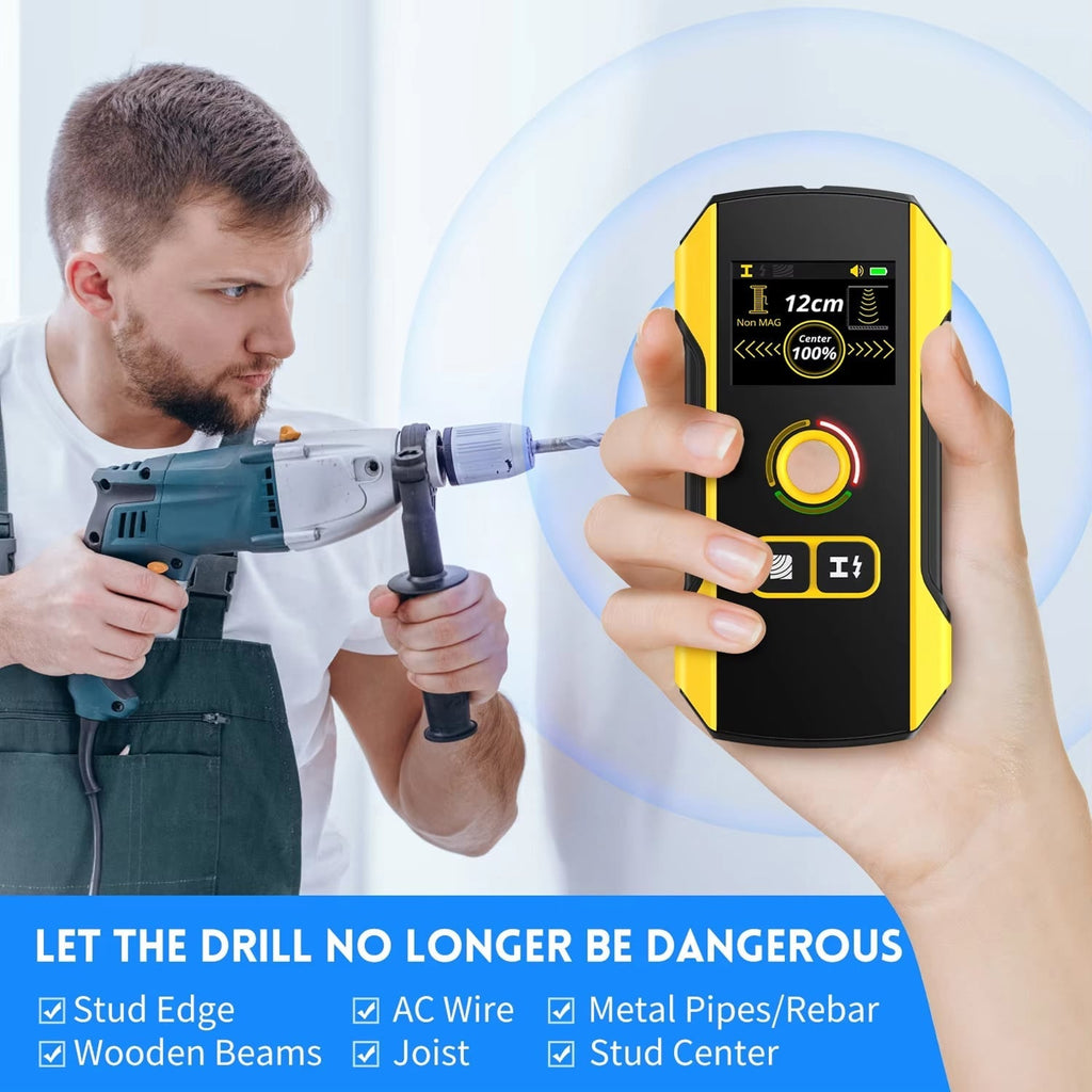 Person using a drill and holding a digital stud finder with text about its features.