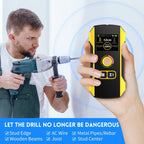 Person using a drill and holding a digital stud finder with text about its features.